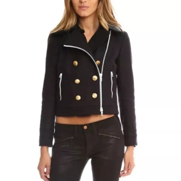 Rag Bone Navy Blue White Wool Blend Double Breasted Pea Coat Zip